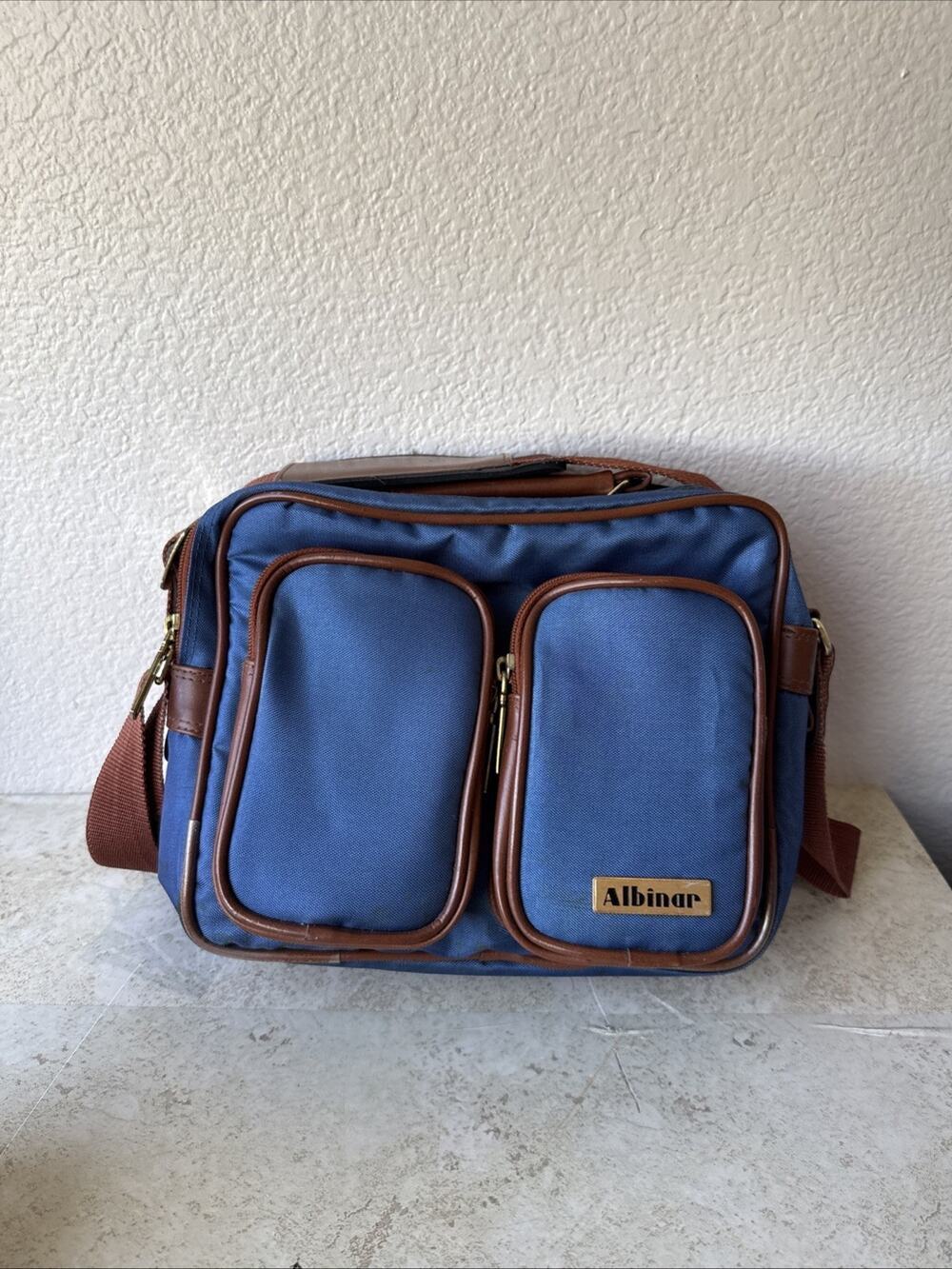 Vtg Albinar Camera Bag 4 Zip Pockets Shoulder Strap Blue/Brown